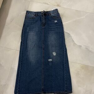 Distressed Denim Maxi Skirt